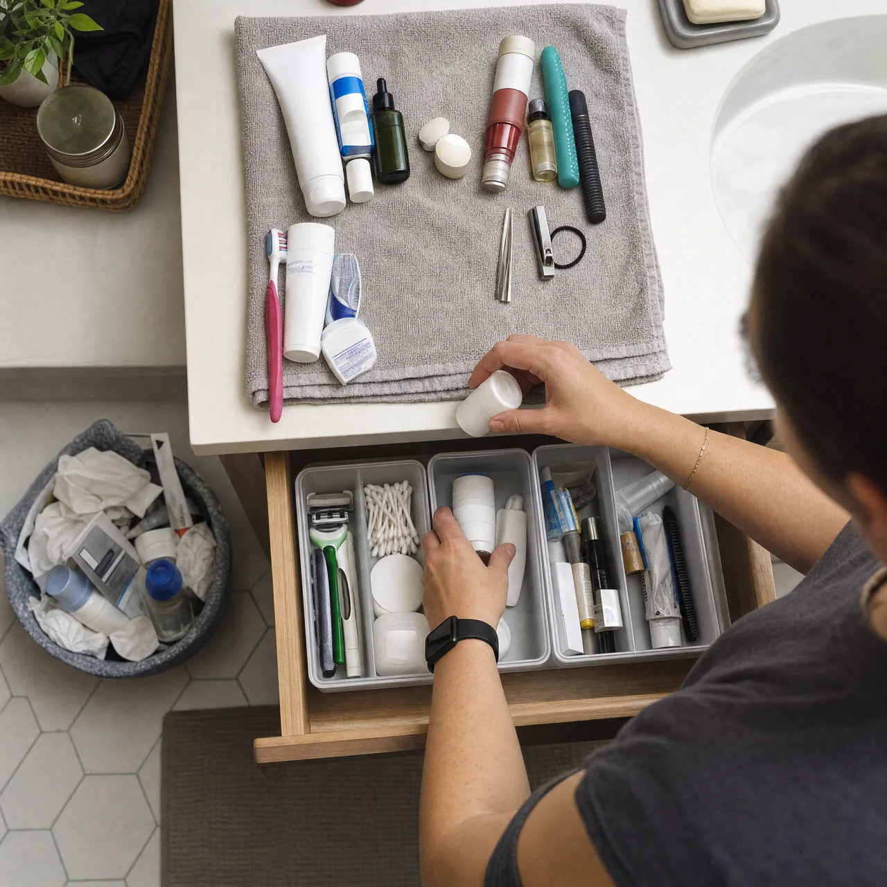 Top-down view of hands sorting toiletry items into daily, occasional, and discard piles on a towel, then placing the daily items into a drawer organizer.