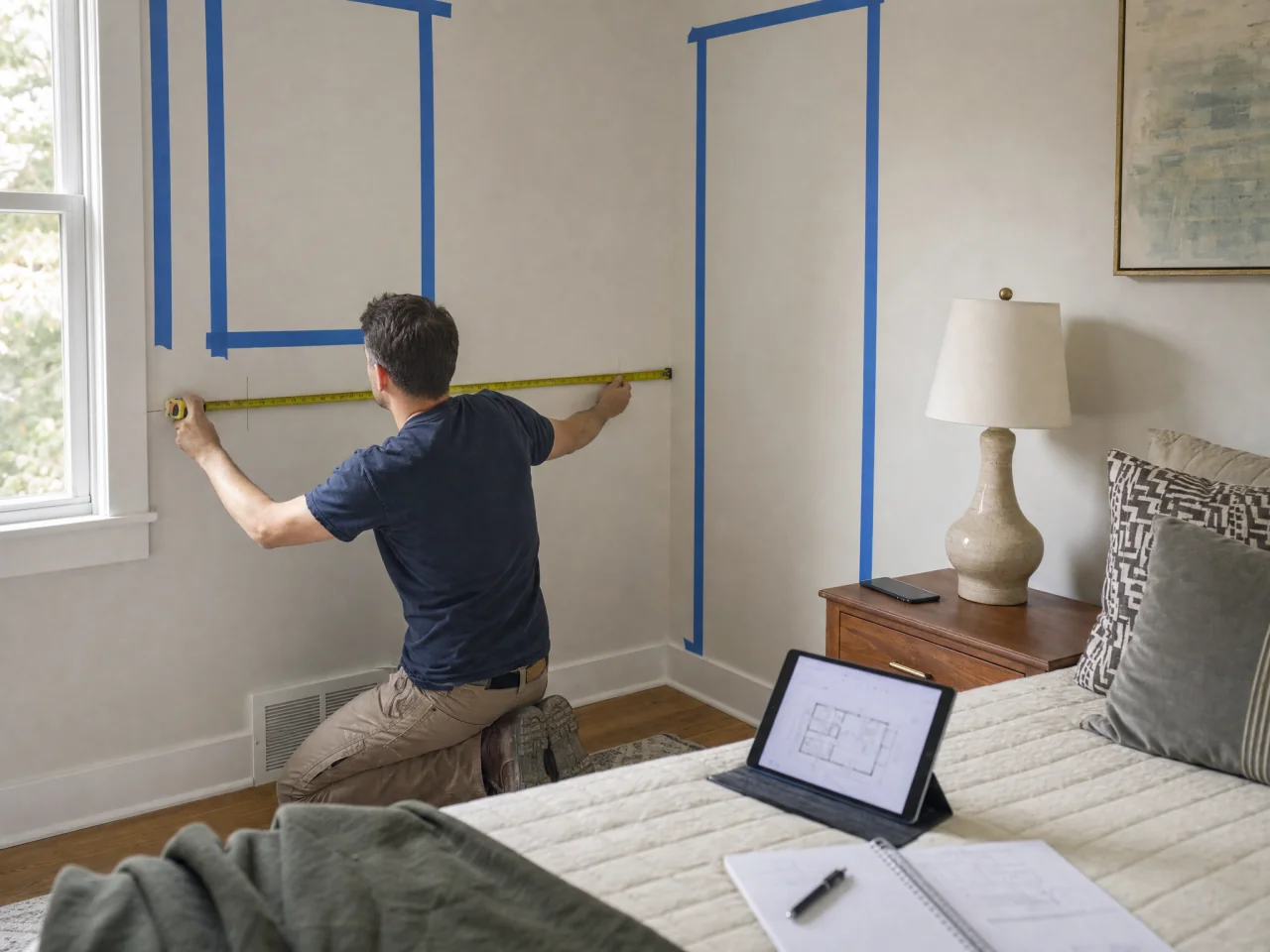 Person stretching a tape measure along a bedroom wall, marking window and door edges with painter's tape while a smartphone sits facedown on the nightstand.