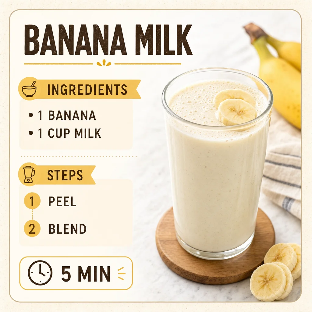 Readable BANANA MILK title, exact ingredients 1 BANANA / 1 CUP MILK, PEEL / BLEND numbered steps, and 5 MIN timing.