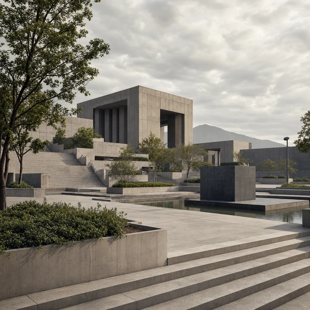 A quiet concrete civic plaza with broad steps, geometric terraces and trees beneath a softly lit overcast sky.