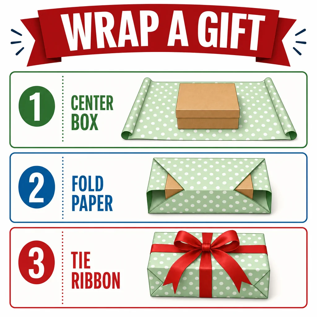 WRAP A GIFT poster with centering, folding and ribbon stages.