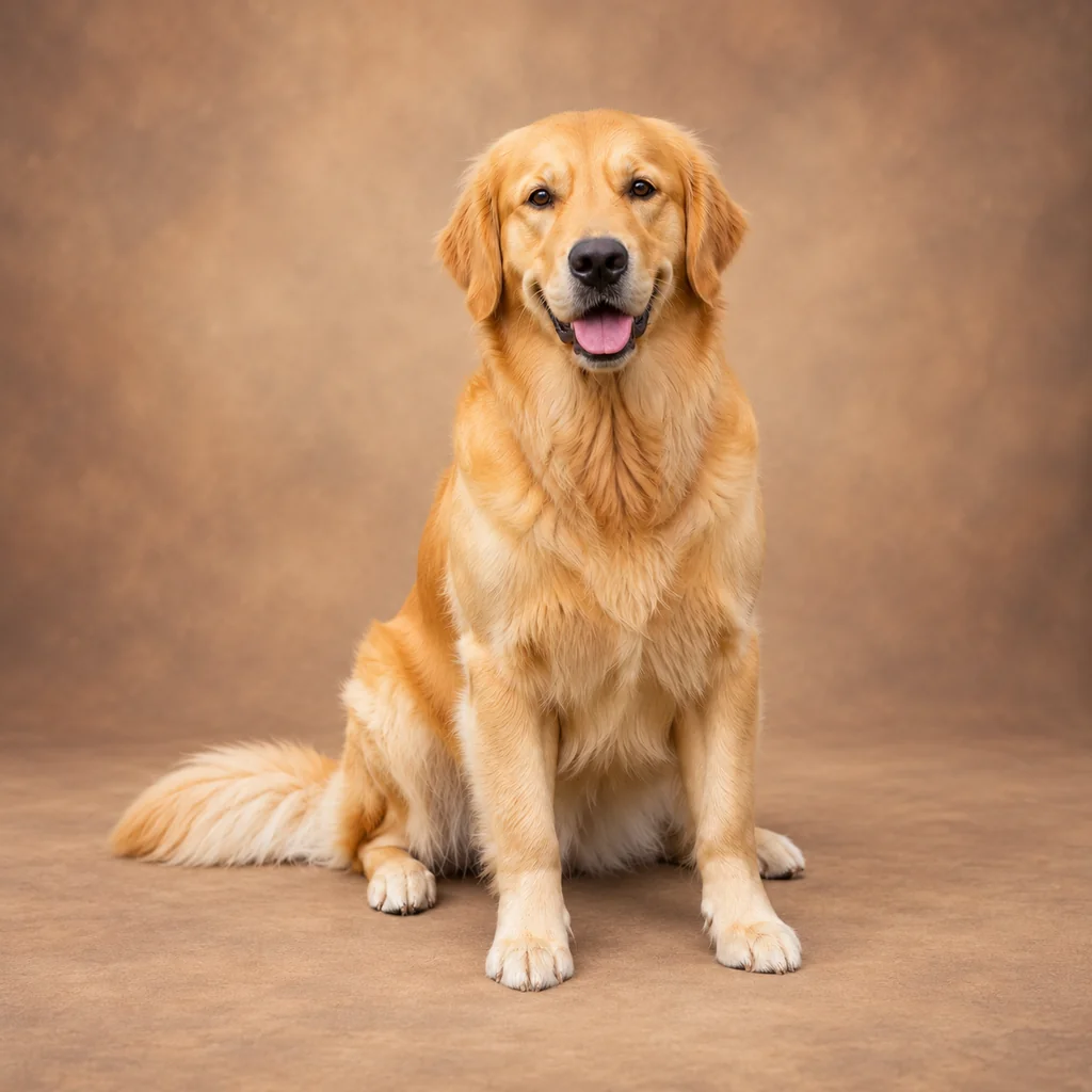 A golden retriever sits with its tongue out on a warm neutral studio floor and backdrop.