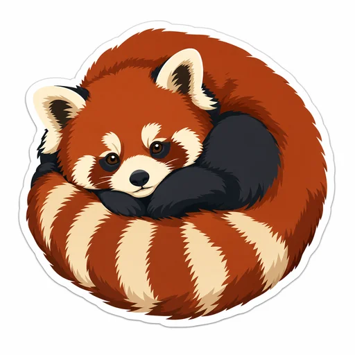 A curled red panda sticker in rust, cream and charcoal with a clean white die-cut margin.