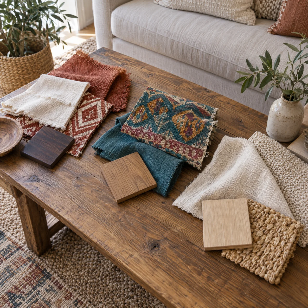 Three boho material palettes on a coffee table: terracotta and cream with dark wood, rich teal and raspberry patterned textiles with warm wood, and ivory linen with pale wood and woven fiber.