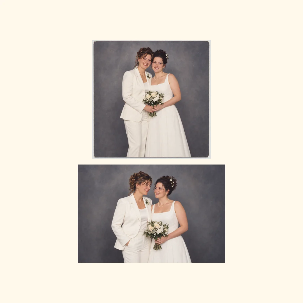 Two complete wedding photos stacked vertically in their original order, preserving both full images.