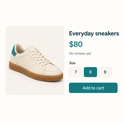 Everyday sneakers, $80, No reviews yet, Size 7/8/9 with 8 selected, Add to cart all retained.