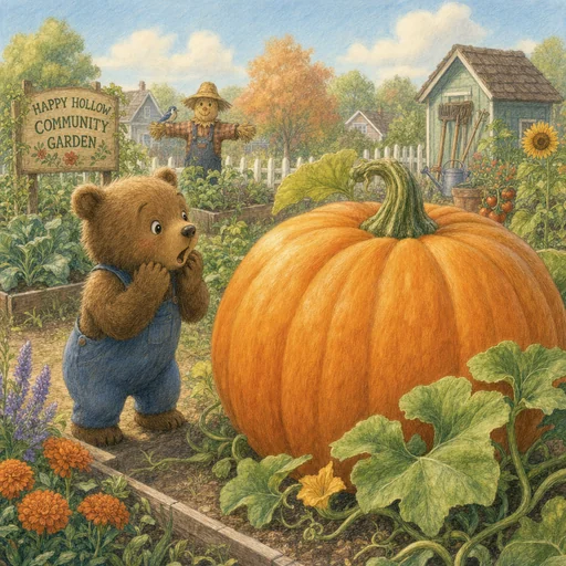 Bear cub discovers an enormous pumpkin in a community garden.