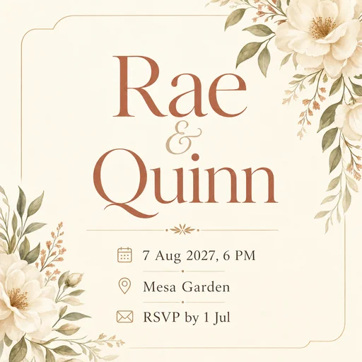 Warm wedding invitation for Rae and Quinn.