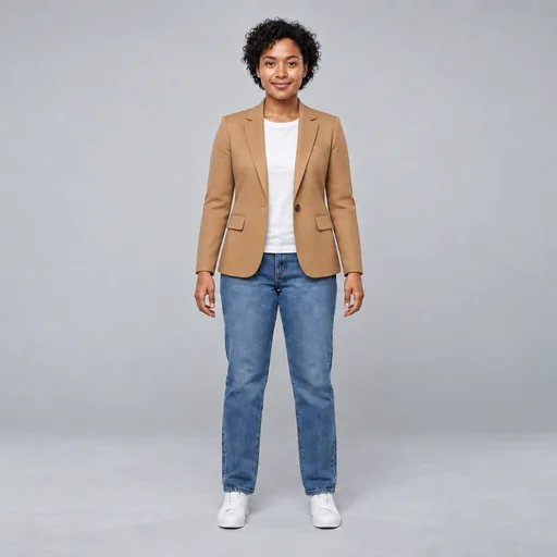 The fictional person wearing the supplied camel tailored jacket, with blue jeans and white shoes in a gray studio.