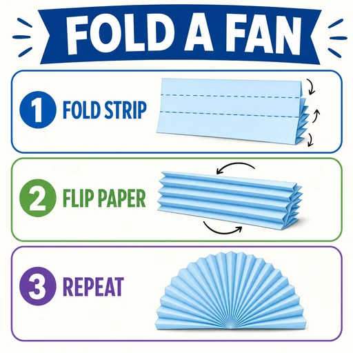 FOLD A FAN poster with three numbered paper diagrams.