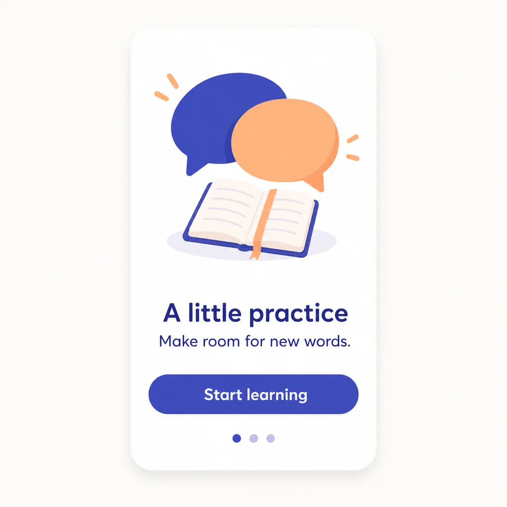 Polished onboarding screen: A little practice / Make room for new words. / Start learning retained verbatim.