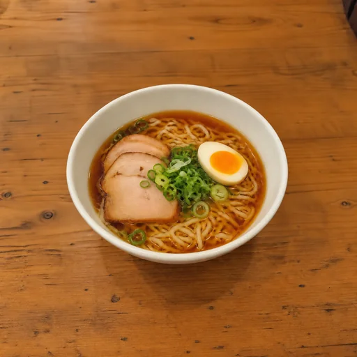 A cream bowl of ramen with sliced pork, scallions and an egg half sits on a wooden table in brighter light.