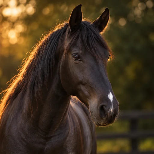 A black horse with a small white nose marking and long dark mane stands in golden light against blurred trees.