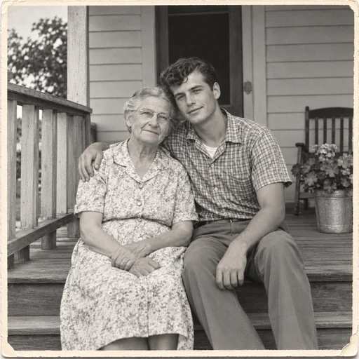 A restored monochrome photograph of a grandmother and grandson sitting together on a porch.