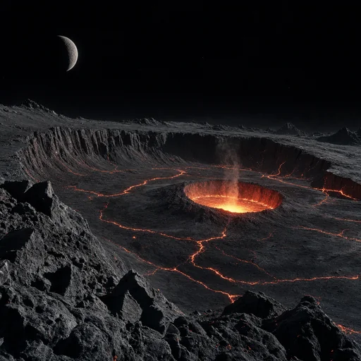 Volcanic moon caldera has curved basalt walls, thin glowing lava fissures and a stark black sky.