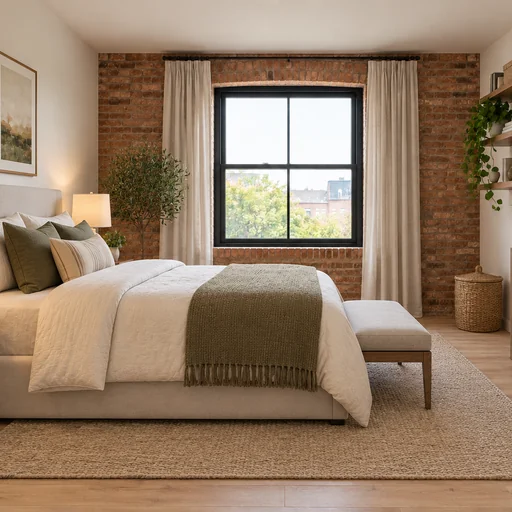 Bedroom with a cream bed and olive throw against an exposed-brick window wall, with wood storage furniture.