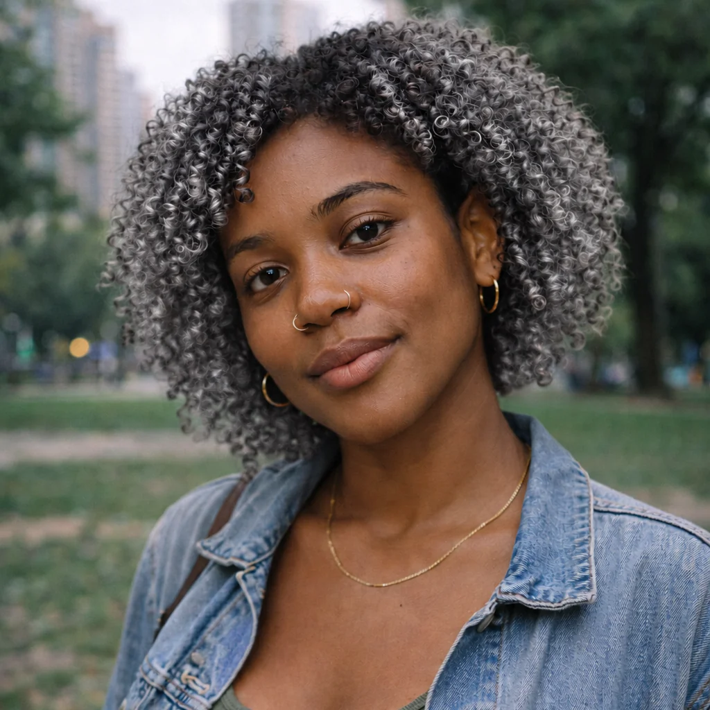 A woman in a denim jacket with cool silver-gray curls and naturally darker roots.