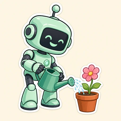 Smiling mint-green robot watering a pink flower in a pot.