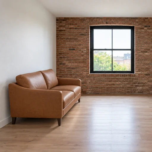 Tan leather sofa positioned along the left wall facing right in a room with an exposed-brick back wall.