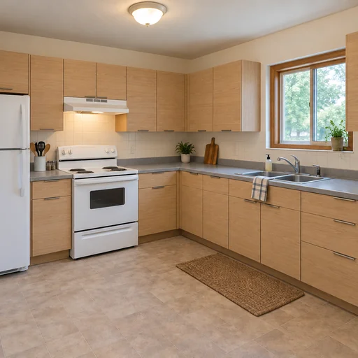 Kitchen with pale-oak slab cabinets and honed gray counters, retaining the white appliances, tiled backsplash and window.