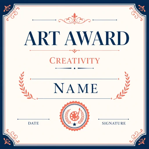Coral and navy ART AWARD certificate with CREATIVITY and blank name, date and signature areas.