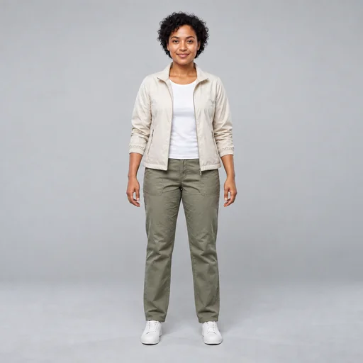 A woman with short dark curls models a light beige travel jacket, olive trousers and white sneakers against a gray studio backdrop.