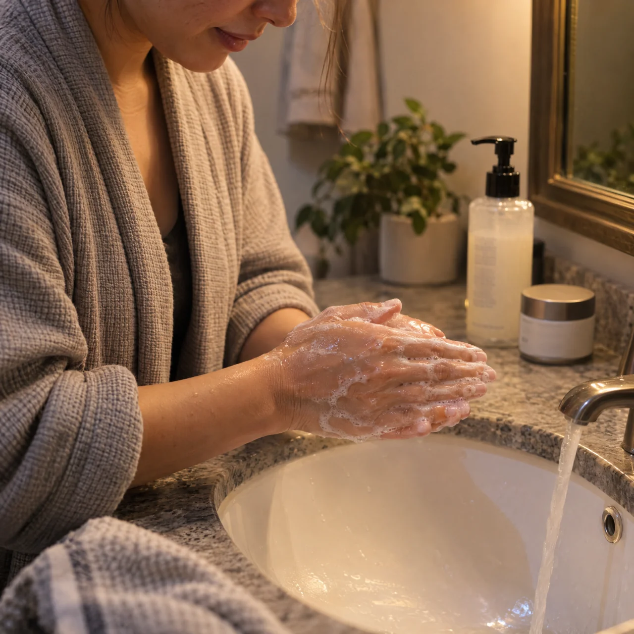 Adult lathering cleanser between damp hands over a bathroom sink, with a cleanser pump and closed moisturizer jar nearby.