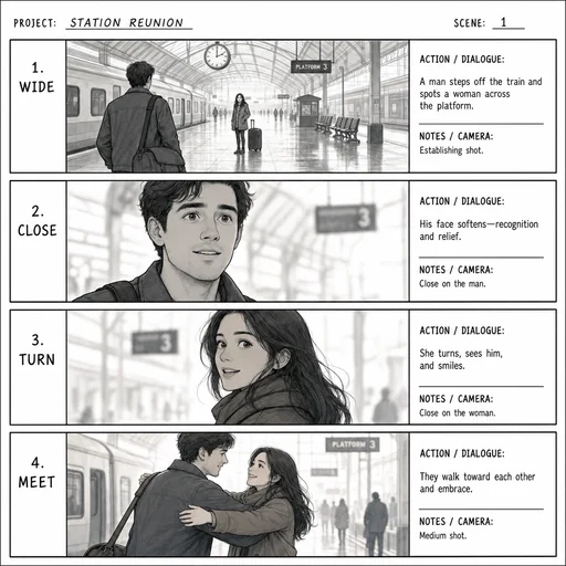 Four storyboard frames depict a train-station reunion, labeled WIDE, CLOSE, TURN and MEET, ending with an embrace.
