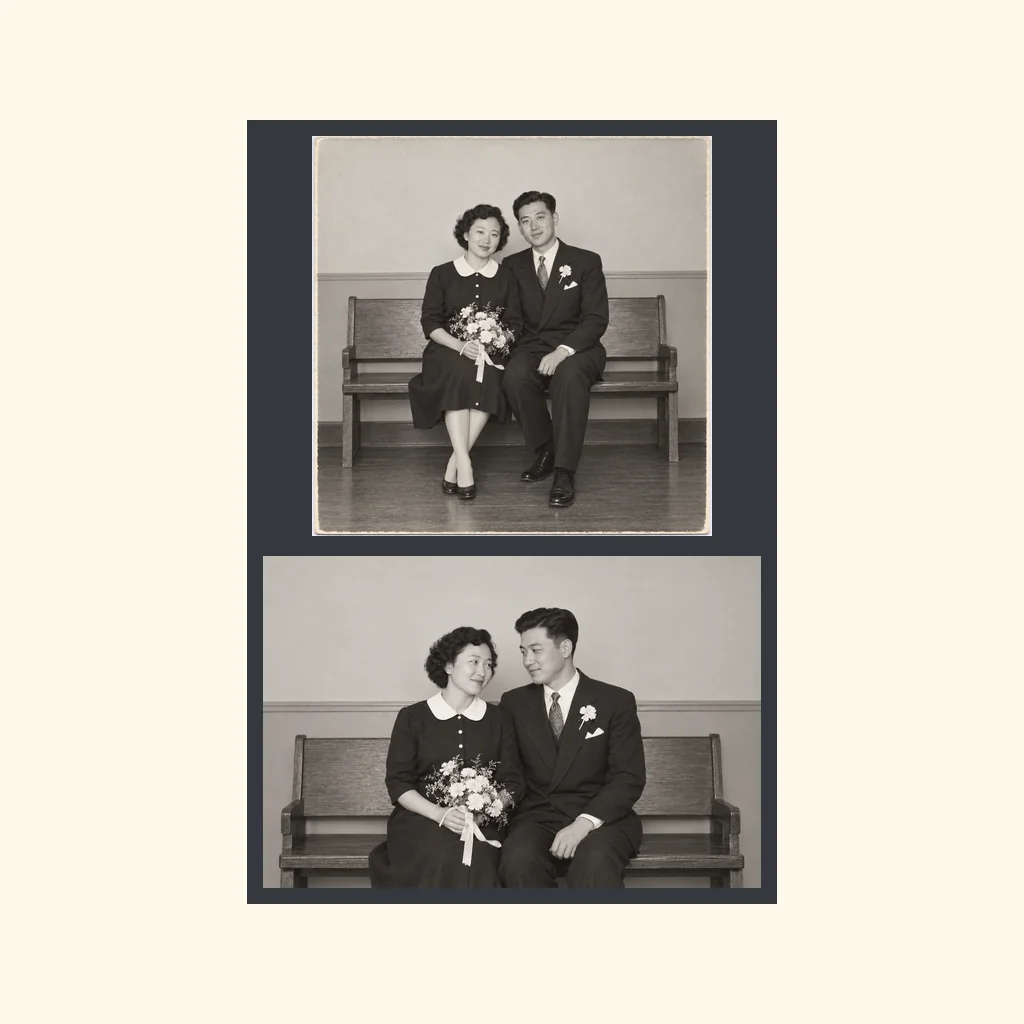 Two complete wedding photos stacked vertically in their original order, preserving both full images.