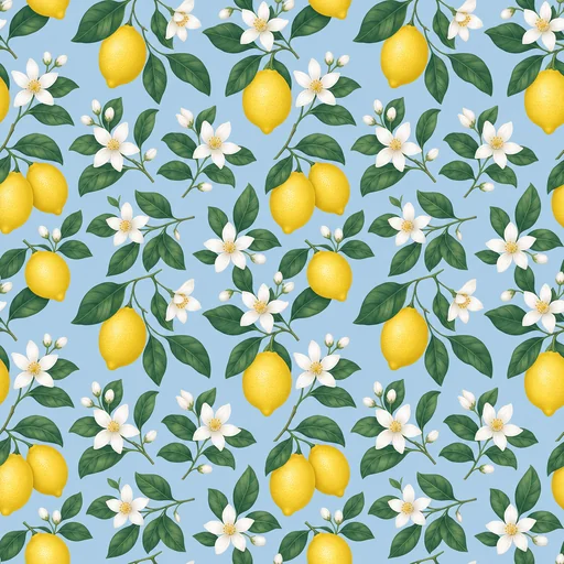 Yellow lemons, white blossoms and deep green leaves on soft blue.
