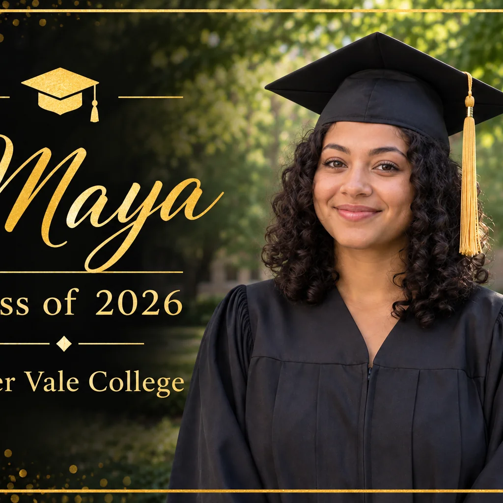 Black and gold graduation announcement with a graduate in black cap and gown and Maya, Class of 2026, Alder Vale College.