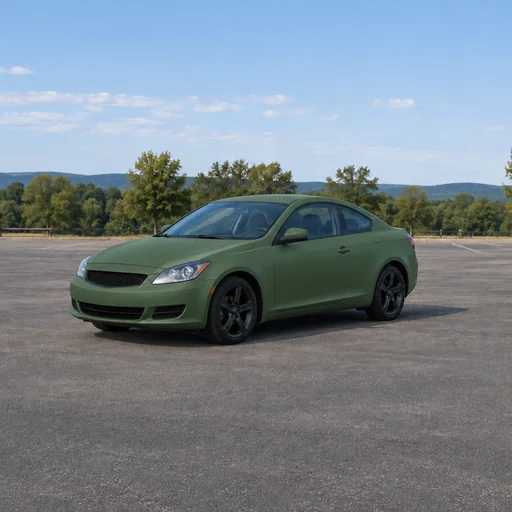 Two-door coupe with a matte green wrap and black wheels in an open parking lot bordered by trees.