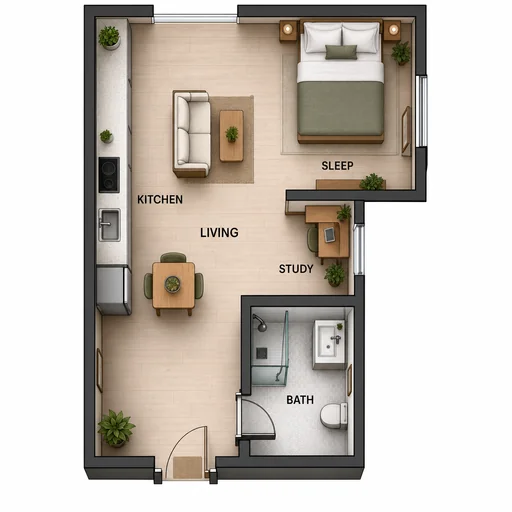 L-shaped studio with exact LIVING/KITCHEN/SLEEP/STUDY/BATH labels and clear central route.