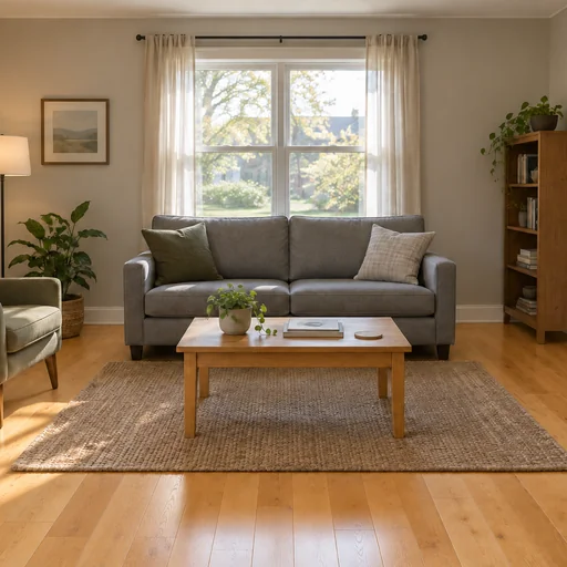 Living room with honey-colored wood flooring around the original gray sofa, wood table and woven rug.