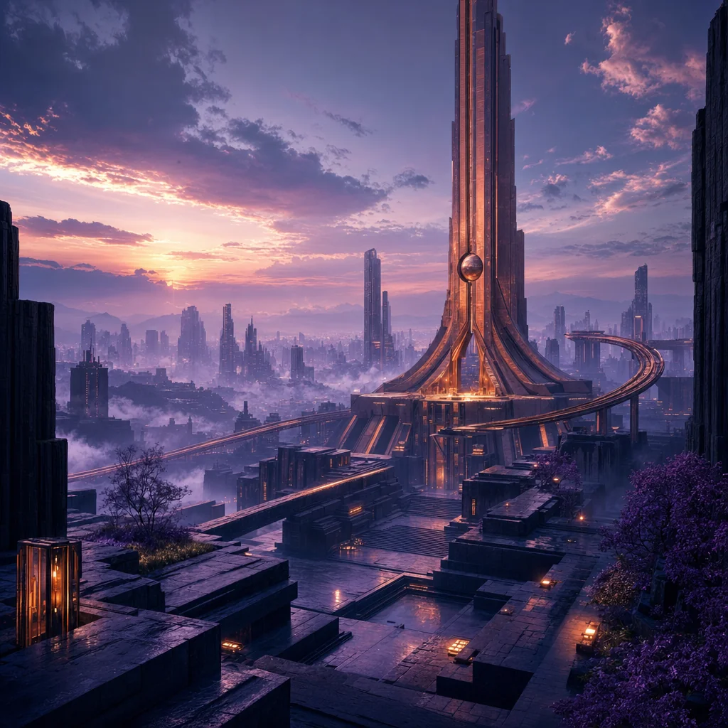 Copper transit spire above stepped basalt plazas in a violet-hazed science-fiction city at dusk.