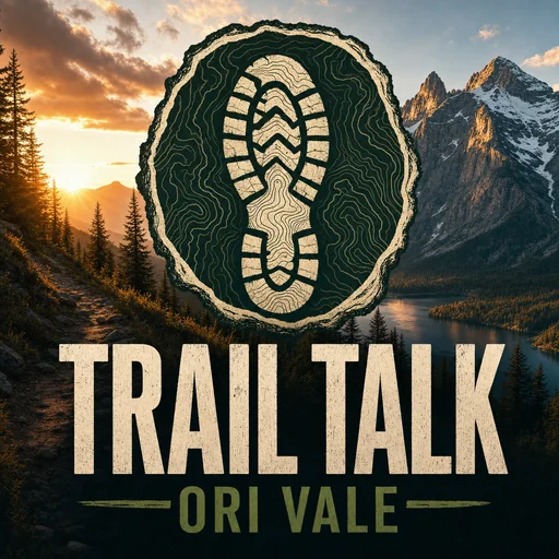 TRAIL TALK podcast cover by ORI VALE with a boot print inside a contour ring above mountain scenery.
