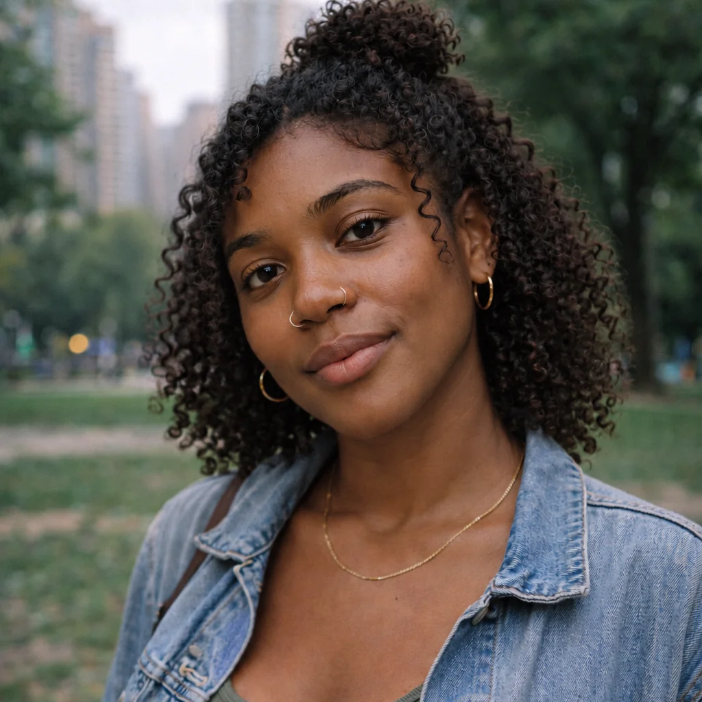 A woman in a denim jacket with a small half-up curly bun and the remaining black curls loose.