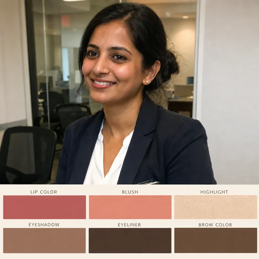 Original office portrait above six labeled makeup swatches arranged in a three-by-two strip.