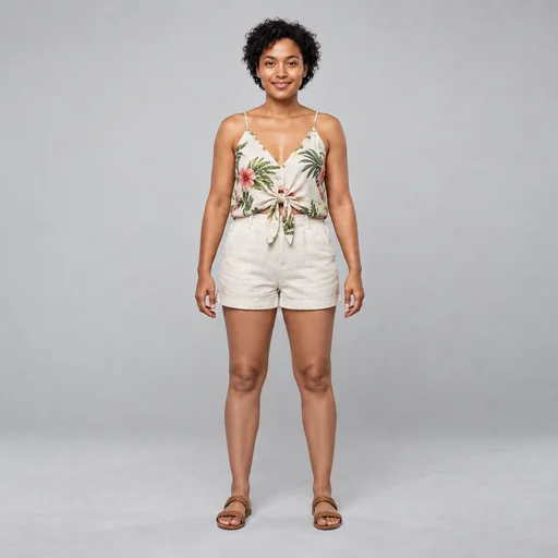 A woman with short dark curls models a tropical-print top, cream shorts and woven sandals against a gray studio backdrop.