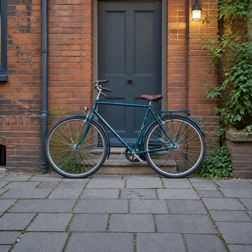 A teal bicycle with a brown saddle leans against a brick doorway beneath a glowing wall lamp.