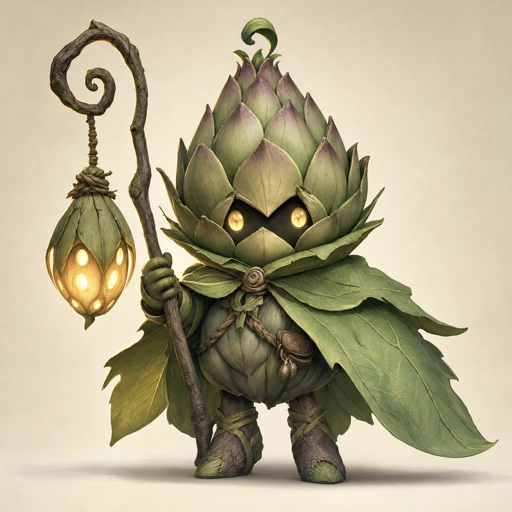 Small artichoke garden guardian with leaf cape and glowing seed-pod lantern.