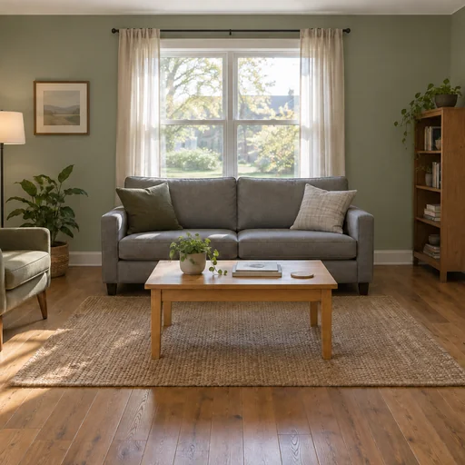 The reference living room with muted sage walls and existing furniture and decor.