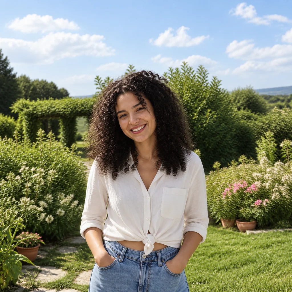 A colorized garden portrait of a smiling woman with dark curls wearing an ivory shirt and blue jeans.
