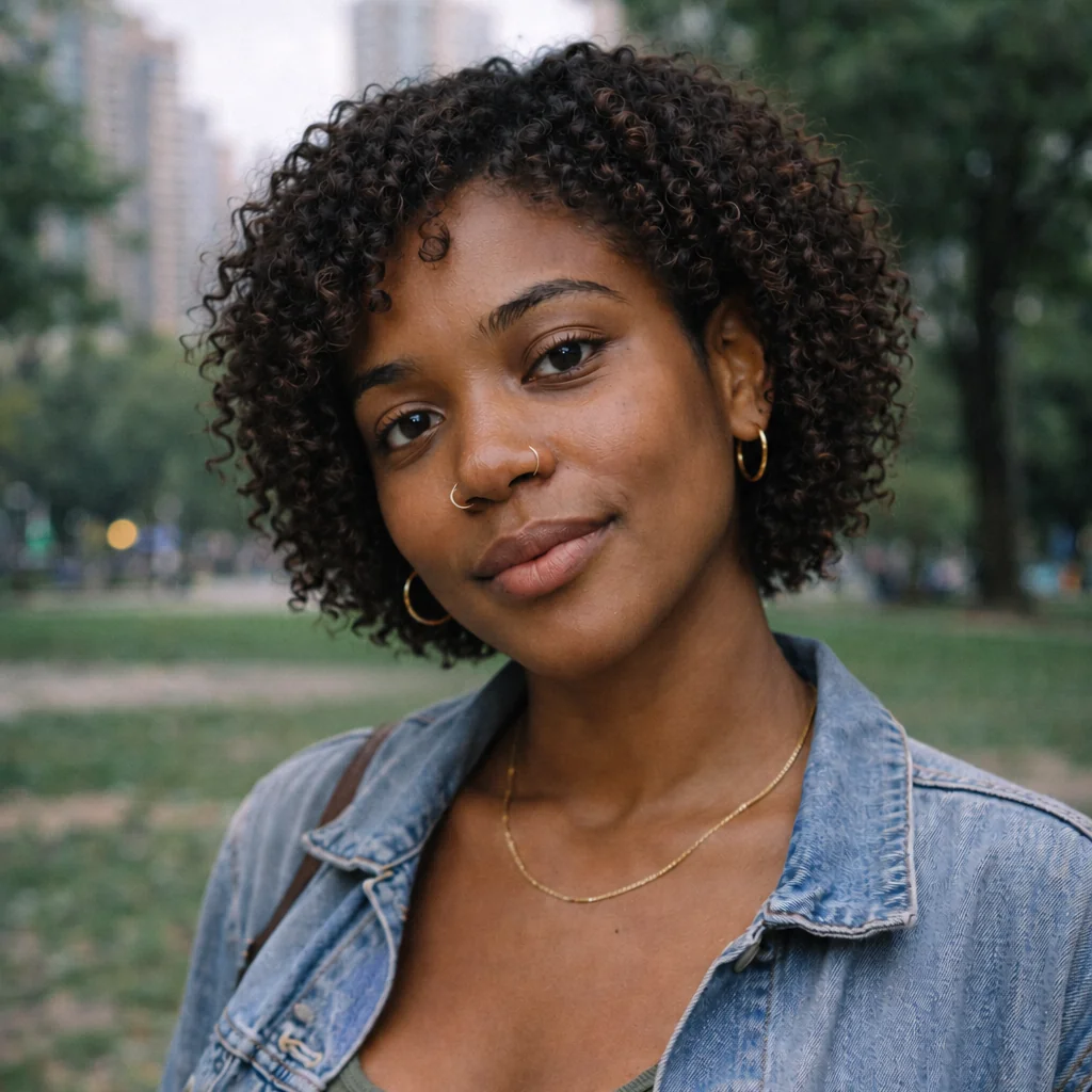 A woman previews a short layered curly shag near her jawline, wearing a denim jacket in a park.