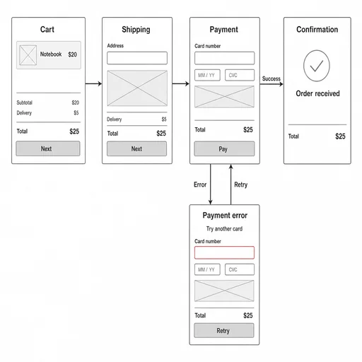 Five-panel notebook checkout wireframe with correct Success, Error and Retry connections and a $25 total.