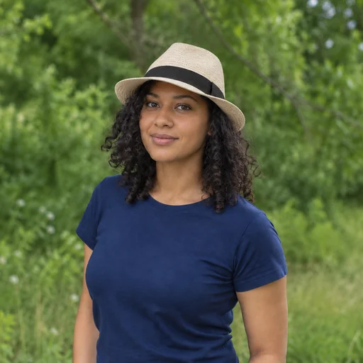 A woman with dark curly hair wears a straw fedora with a black band and a navy T-shirt outdoors.