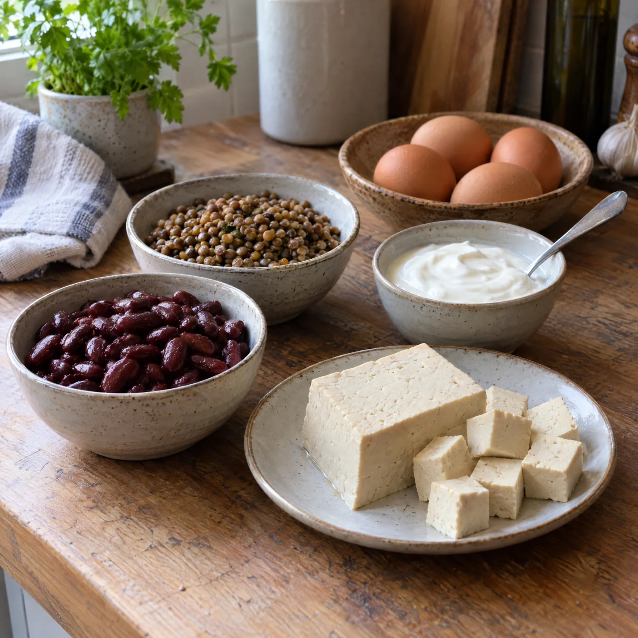 Bowls of beans, lentils, and plain yogurt beside firm tofu and whole eggs on a wooden kitchen counter.