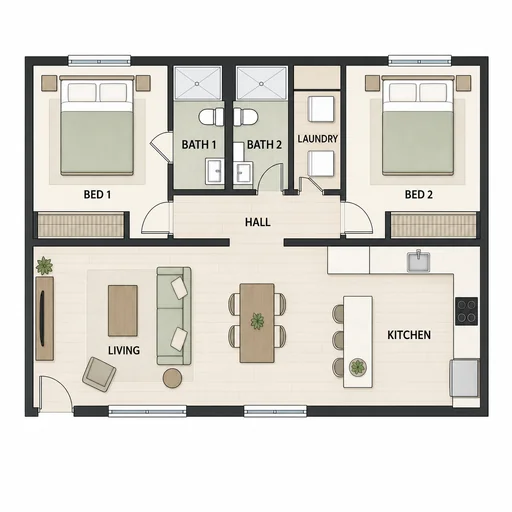 Two-bedroom plan with two bathrooms, a laundry, central hall, and an open living, dining and kitchen area.