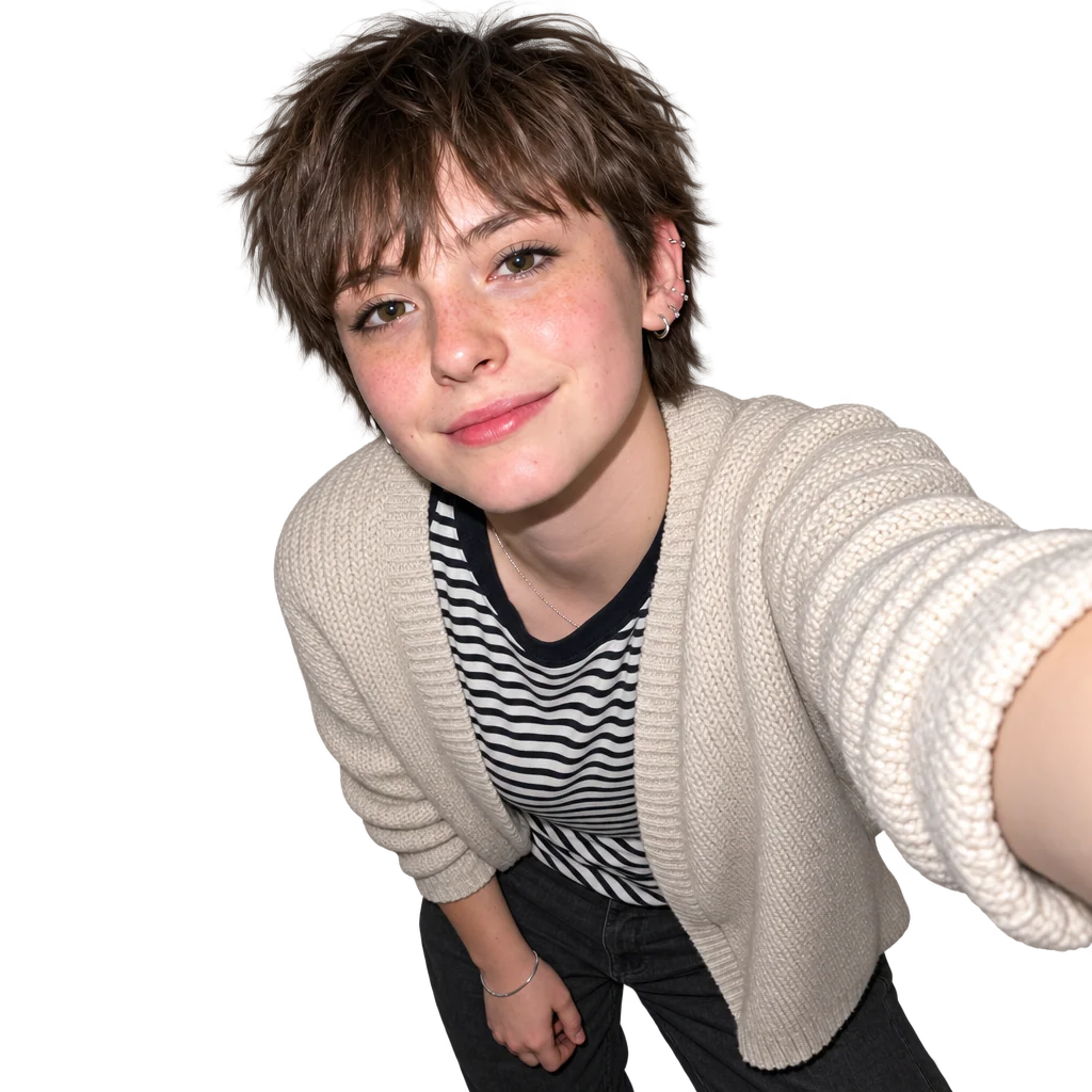 Background-removed leaning selfie in a cream cardigan and striped top.