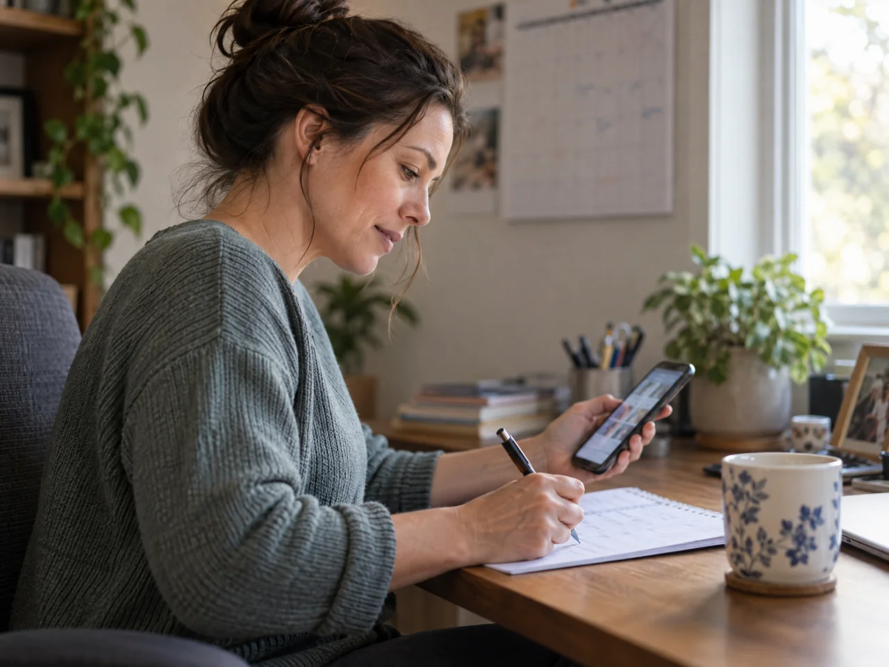 A caregiver writes on a planning sheet while consulting a smartphone at a home desk, with a softly blurred wall calendar behind them.